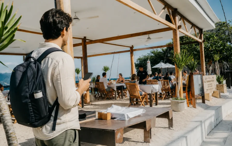 Traveler in front of Kokomo restaurant beachfront