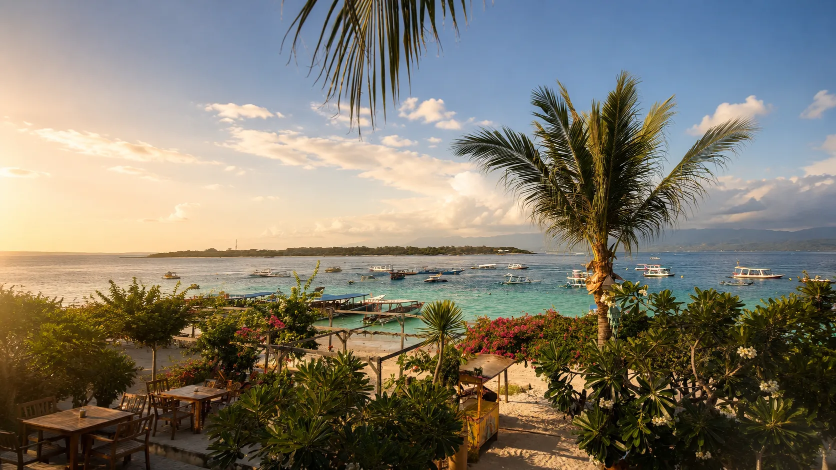 Beachfront resort setting in Gili Trawangan